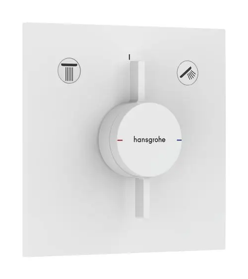 Unterputz Mischsystem von Hansgrohe mit einem bedienbaren Drehregler. Symbol für Dusche und Abfall sind sichtbar. Mattweiße Oberfläche und klare Funktionalität.